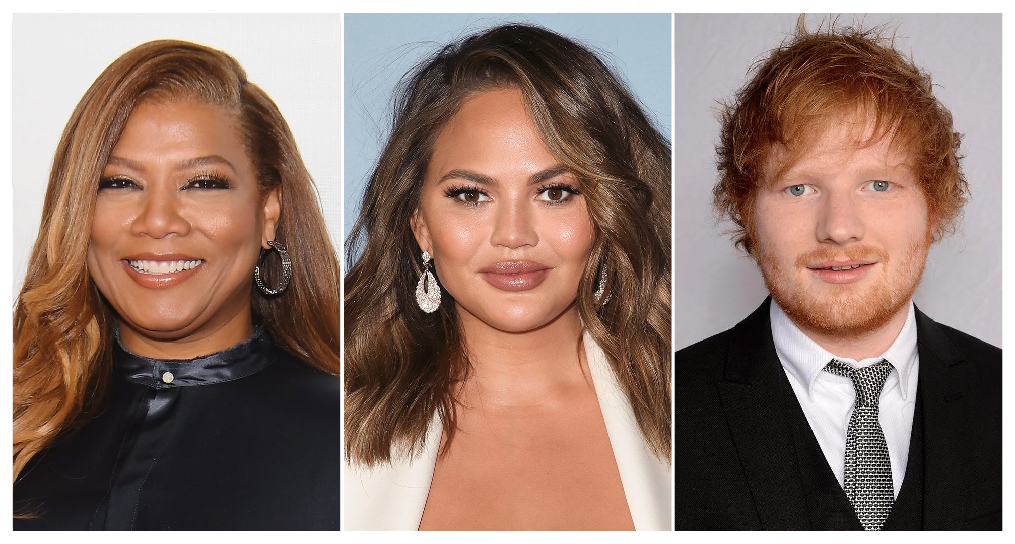 collage de queen latifah1, chrissy teigen, et ed sheeran.