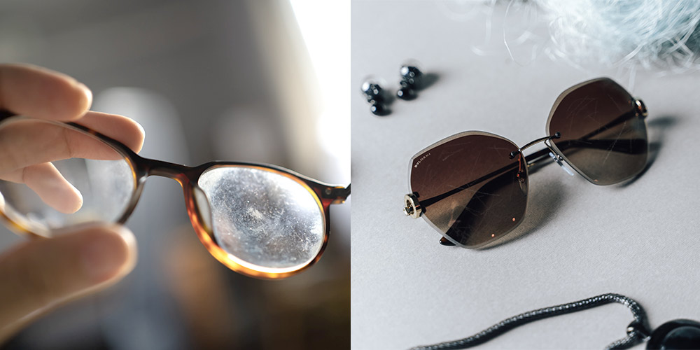 deux images de lunettes et de lunettes de soleil avec des verres rayés