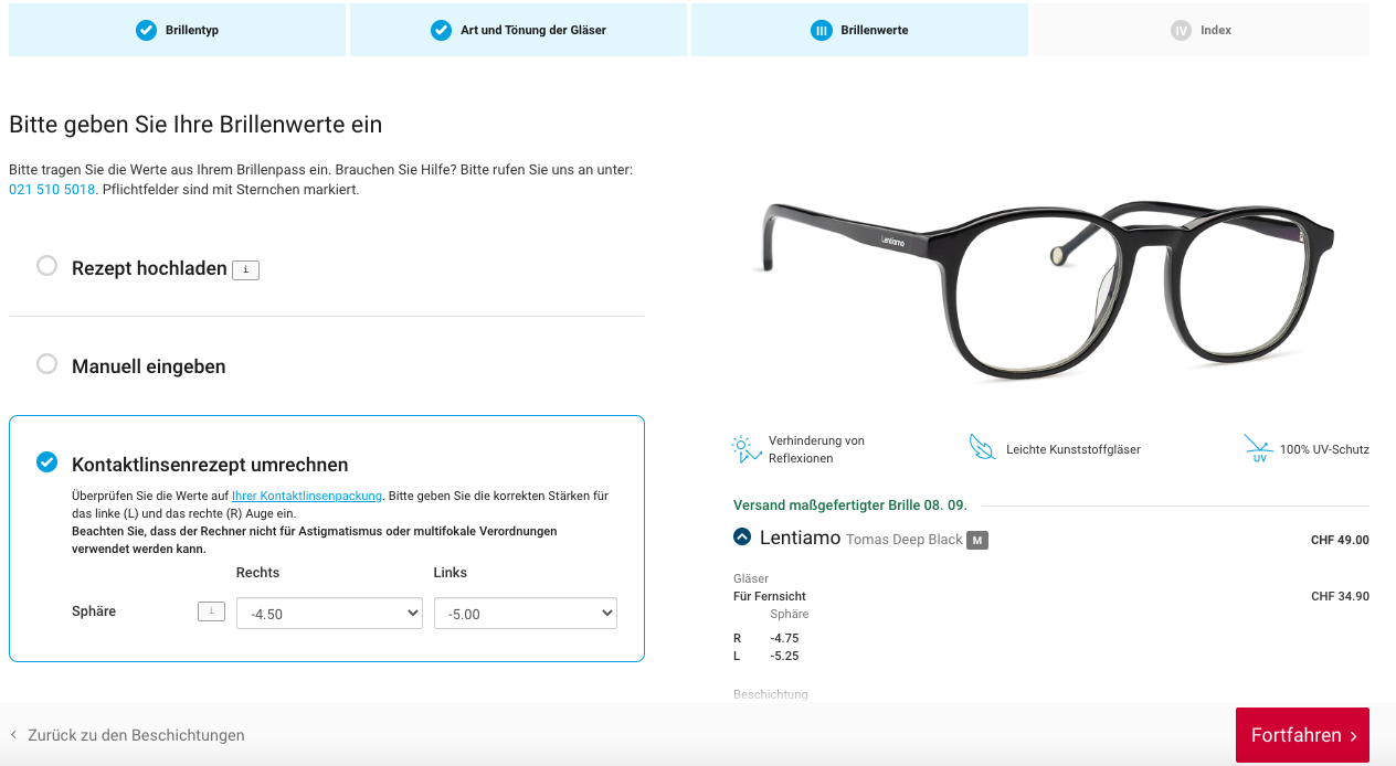 Bildschirmfoto der Kontaktlinsenrezept-Umrechnung beim Bestellvorgang